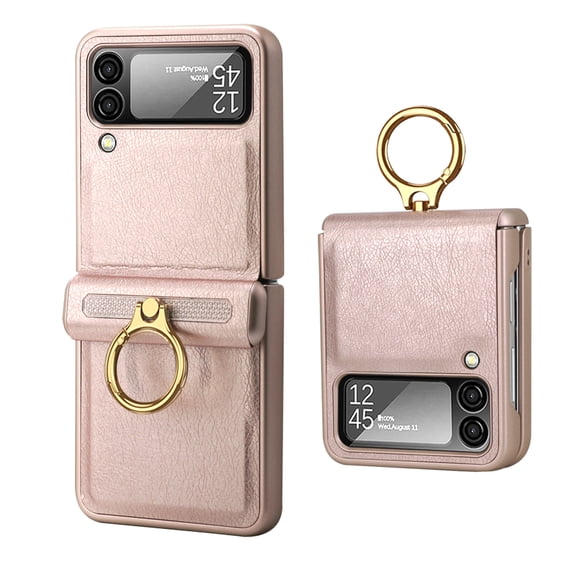 ELEHOLD Slim Leather Case for Samsung Galaxy Z Flip 4,Camera Lens Protection Built-in Ring Holder Anti-Slip Anti-Fingerprint Shockproof Case for Samsung Z Flip 4,Gold