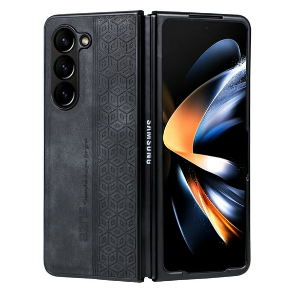 ELEHOLD Slim Leather Case for Samsung Galaxy Z Fold 4, Luxury Premium Leather Embossed Pattern Full Body Protection Shockproof Scratch-Resistant Case for Samsung Z Fold 4,Black