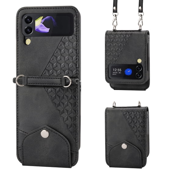 ELEHOLD Slim Leather Wallet Case for Samsung Galaxy Z Flip 4 with Card Slot Kickstand Function Magnetic Detachable Shoulder Strap for Z Flip 4-Black