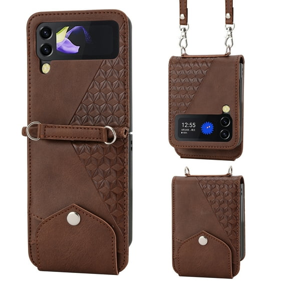 ELEHOLD Slim Leather Wallet Case for Samsung Galaxy Z Flip 4 with Card Slot Kickstand Function Magnetic Detachable Shoulder Strap for Z Flip 4-Brown