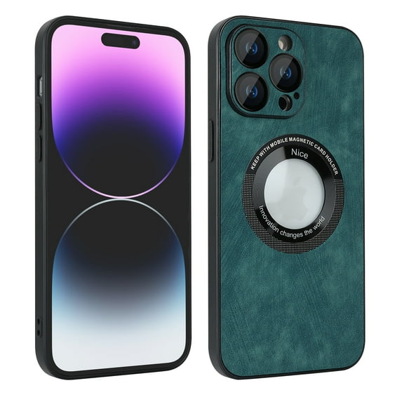 ELEHOLD Slim Magnetic Case for iPhone 13,PU Leather Stylish Logo View Window Camera Lens Protection Compatible with MagSafe Anti-Scratch Shockproof Case,Green