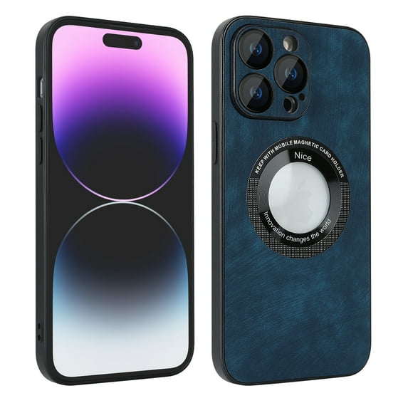 ELEHOLD Slim Magnetic Case for iPhone 13 Pro,PU Leather Stylish Logo View Window Camera Lens Protection Compatible with MagSafe Anti-Scratch Shockproof Case,Blue