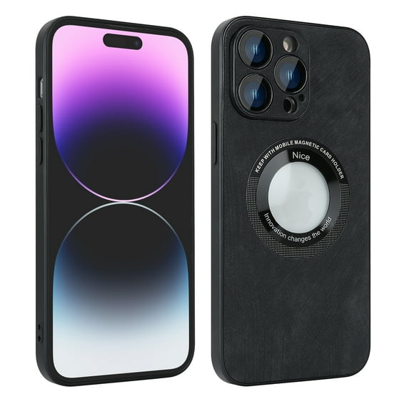 ELEHOLD Slim Magnetic Case for iPhone 14 Plus,PU Leather Stylish Logo View Window Camera Lens Protection Compatible with MagSafe Anti-Scratch Shockproof Case,Black