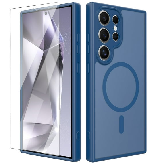 ELEHOLD Slim Magnetic Mag-Safe Case for Samsung Galaxy S25 Edge, Shockproof Matte Protective Drop Protection Anti-Fingerprint Grip Camera Lens Bumper Case Cover with Screen Protector,Blue