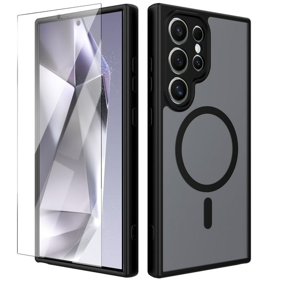 ELEHOLD Slim Magnetic Mag-Safe Case for Samsung Galaxy S25 Ultra, Shockproof Matte Protective Drop Protection Anti-Fingerprint Grip Camera Lens Bumper Case Cover with Screen Protector,Black