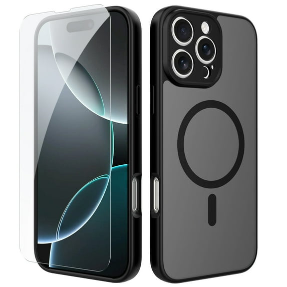 ELEHOLD Slim Magnetic Mag-Safe Case for iPhone 14 Pro Max, Shockproof Matte Protective Drop Protection Anti-Fingerprint Grip Camera Lens Bumper Case Cover with Screen Protector,Black