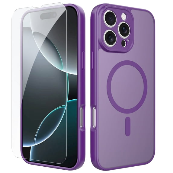 ELEHOLD Slim Magnetic Mag-Safe Case for iPhone 15 Pro Max, Shockproof Matte Protective Drop Protection Anti-Fingerprint Grip Camera Lens Bumper Case Cover with Screen Protector,Darkpurple