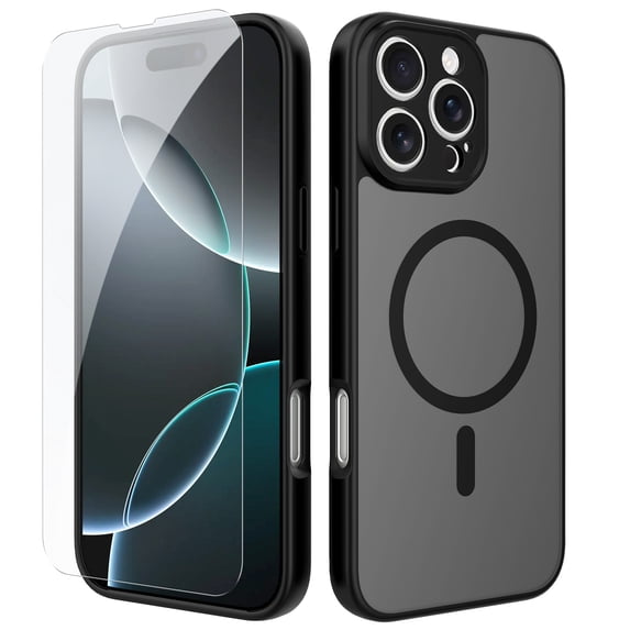 ELEHOLD Slim Magnetic Mag-Safe Case for iPhone 15 Pro Max, Shockproof Matte Protective Drop Protection Anti-Fingerprint Grip Camera Lens Bumper Case Cover with Screen Protector,Black