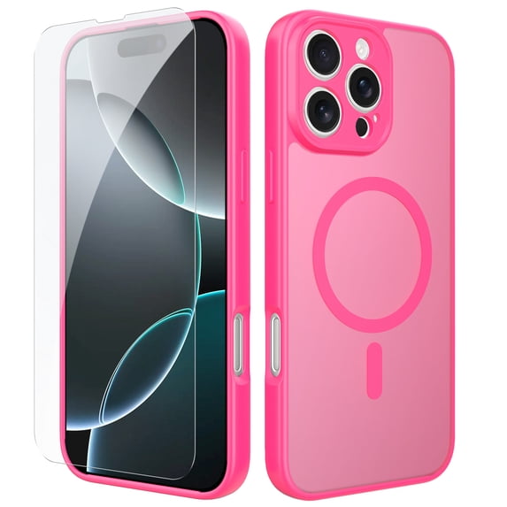 ELEHOLD Slim Magnetic Mag-Safe Case for iPhone 15 Pro Max, Shockproof Matte Protective Drop Protection Anti-Fingerprint Grip Camera Lens Bumper Case Cover with Screen Protector,Rose