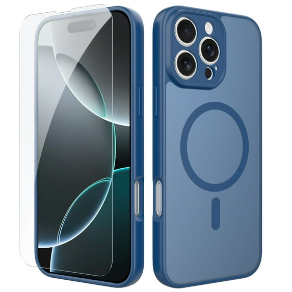 ELEHOLD Slim Magnetic Mag-Safe Case for iPhone 16 Plus, Shockproof Matte Protective Drop Protection Anti-Fingerprint Grip Camera Lens Bumper Case Cover with Screen Protector,Blue
