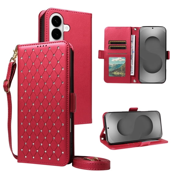 ELEHOLD Sparkle PU Leather Flip Wallet Cell Phone Case with Wrist Lanyard and Shoulder Strap for Samsung Galaxy A37,Red