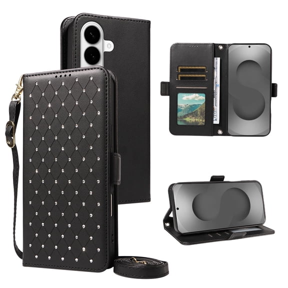 ELEHOLD Sparkle PU Leather Flip Wallet Cell Phone Case with Wrist Lanyard and Shoulder Strap for Samsung Galaxy A57,Black