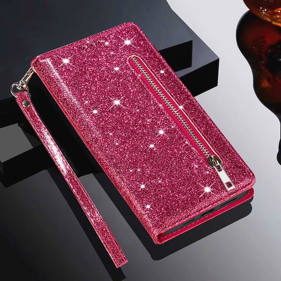 ELEHOLD Stylish Flip Wallet Case for Google Pixel 10 /10 Pro,Bling Glitter Leather Zipper Pocket Card Slots Kickstand Function Magnetic Clasp Detachable Lanyard Purse Case,Rose
