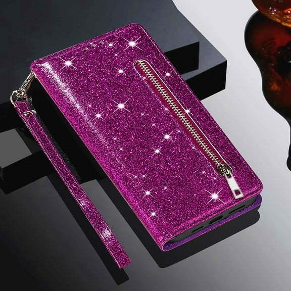 ELEHOLD Stylish Flip Wallet Case for Google Pixel 10 /10 Pro,Bling Glitter Leather Zipper Pocket Card Slots Kickstand Function Magnetic Clasp Detachable Lanyard Purse Case,Purple