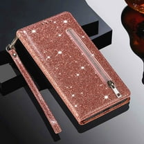 ELEHOLD Stylish Flip Wallet Case for Google Pixel 10 Pro XL,Bling Glitter Leather Zipper Pocket Card Slots Kickstand Function Magnetic Clasp Detachable Lanyard Purse Case,Rosegold