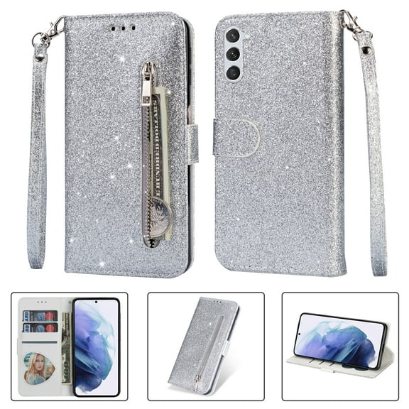 ELEHOLD Stylish Flip Wallet Case for Samsung Galaxy A06,Bling Glitter Leather Zipper Pocket Card Slots Kickstand Function Magnetic Clasp Detachable Lanyard Purse Case,Silver