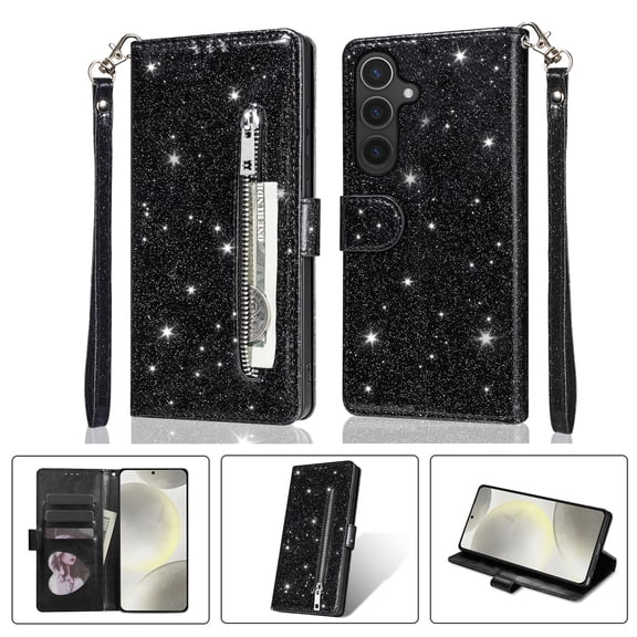 ELEHOLD Stylish Flip Wallet Case for Samsung Galaxy A07,Bling Glitter Leather Zipper Pocket Card Slots Kickstand Function Magnetic Clasp Detachable Lanyard Purse Case,Black