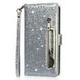 thumbnail image 1 of ELEHOLD Stylish Flip Wallet Case for Samsung Galaxy A14 5G,Bling Glitter Leather Zipper Pocket Card Slots Kickstand Function Magnetic Clasp Detachable Lanyard Purse Case,Silver, 1 of 5