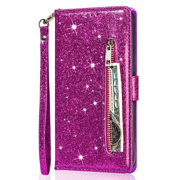 ELEHOLD Stylish Flip Wallet Case for Samsung Galaxy A14 5G,Bling Glitter Leather Zipper Pocket Card Slots Kickstand Function Magnetic Clasp Detachable Lanyard Purse Case,Purple