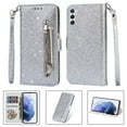 thumbnail image 1 of ELEHOLD Stylish Flip Wallet Case for Samsung Galaxy A16 5G,Bling Glitter Leather Zipper Pocket Card Slots Kickstand Function Magnetic Clasp Detachable Lanyard Purse Case,Silver, 1 of 1