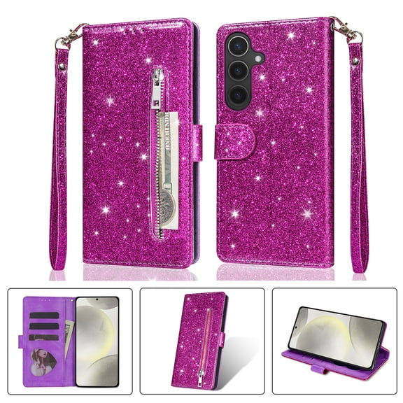 ELEHOLD Stylish Flip Wallet Case for Samsung Galaxy A17 5G,Bling Glitter Leather Zipper Pocket Card Slots Kickstand Function Magnetic Clasp Detachable Lanyard Purse Case,Purple