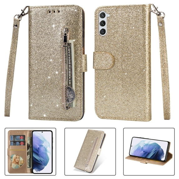 ELEHOLD Stylish Flip Wallet Case for Samsung Galaxy S23 FE,Bling Glitter Leather Zipper Pocket Card Slots Kickstand Function Magnetic Clasp Detachable Lanyard Purse Case,Gold