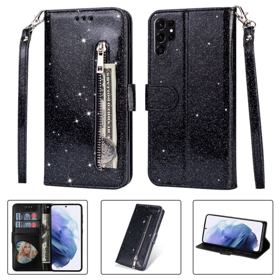 ELEHOLD Stylish Flip Wallet Case for Samsung Galaxy S23 Ultra,Bling Glitter Leather Zipper Pocket Card Slots Kickstand Function Magnetic Clasp Detachable Lanyard Purse Case,Black