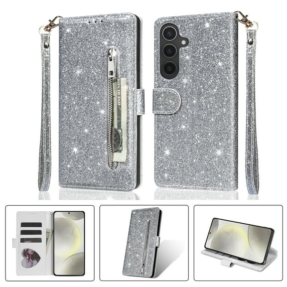 ELEHOLD Stylish Flip Wallet Case for Samsung Galaxy S25 FE,Bling Glitter Leather Zipper Pocket Card Slots Kickstand Function Magnetic Clasp Detachable Lanyard Purse Case,Silver
