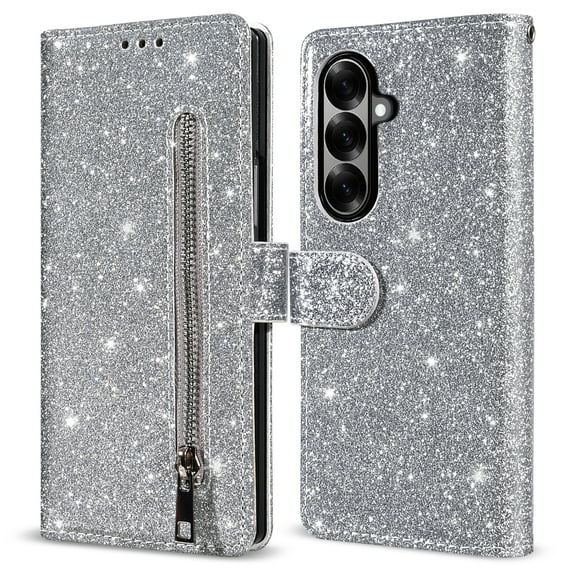 ELEHOLD Stylish Flip Wallet Case for Samsung Galaxy Z Fold 7,Bling Glitter Leather Zipper Pocket Card Slots Kickstand Function Magnetic Clasp Detachable Lanyard Purse Case,Silver