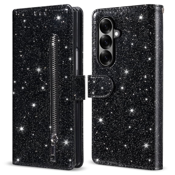 ELEHOLD Stylish Flip Wallet Case for Samsung Galaxy Z Fold 7,Bling Glitter Leather Zipper Pocket Card Slots Kickstand Function Magnetic Clasp Detachable Lanyard Purse Case,Black