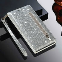 ELEHOLD Stylish Flip Wallet Case for iPhone 17 Pro Max,Bling Glitter Leather Zipper Pocket Card Slots Kickstand Function Magnetic Clasp Detachable Lanyard Purse Case,Silver