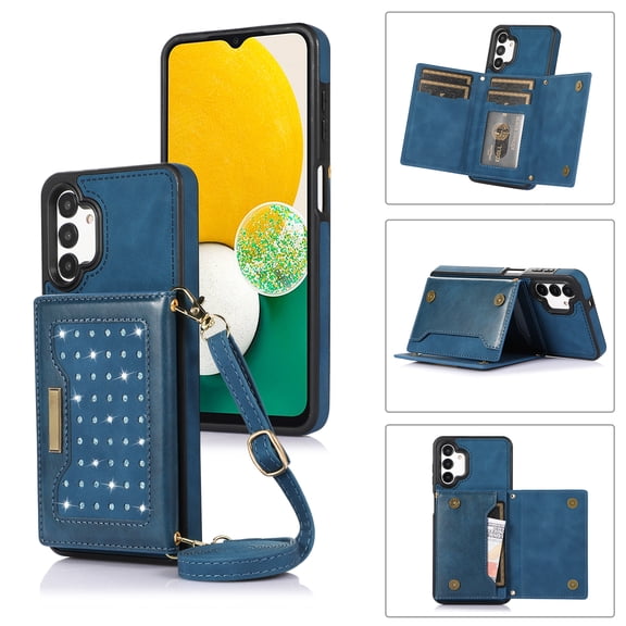 ELEHOLD Stylish Wallet Case for Samsung Galaxy A13 4G/5G,Flip Card Slots Diamond Bling Sparkle Design RFID Blocking Detachable Shoulder Strap for Girls Women Purse Case,Blue