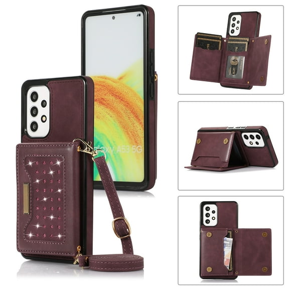 ELEHOLD Stylish Wallet Case for Samsung Galaxy A53 5G Flip Card Slots Diamond Bling Sparkle Design RFID Blocking Detachable Shoulder Strap for Girls Women Purse Case, Winered