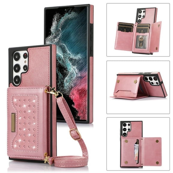 ELEHOLD Stylish Wallet Case for  Samsung Galaxy S22 Ultra, Flip Card Slots Diamond Bling Sparkle Design RFID Blocking Detachable Shoulder Strap for Girls Women Purse Case,Pink