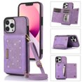 thumbnail image 1 of ELEHOLD Stylish Wallet Case for iPhone 12 Pro Max 6.7inch,Flip Card Slots Diamond Bling Sparkle Design RFID Blocking Detachable Shoulder Strap for Girls Women Purse Case,Purple, 1 of 7