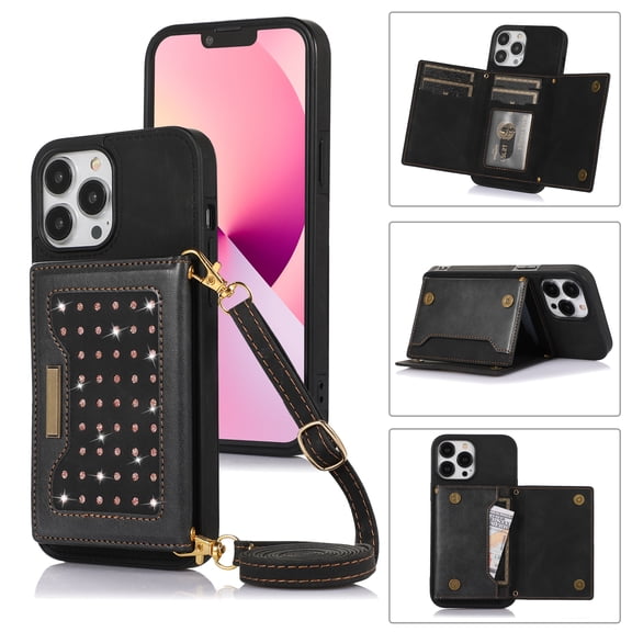 ELEHOLD Stylish Wallet Case for iPhone 13 Pro Max 6.7 inch,Flip Card Slots Diamond Bling Sparkle Design RFID Blocking Detachable Shoulder Strap for Girls Women Purse Case,Black