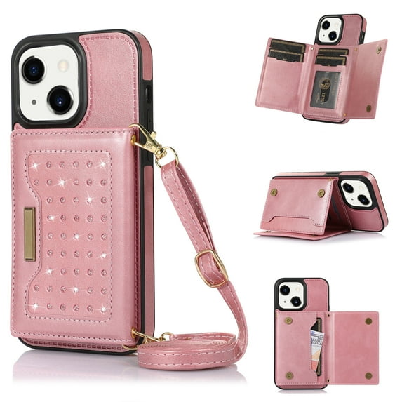 ELEHOLD Stylish Wallet Case for iPhone 14 -6.1 inch Flip Card Slots Diamond Bling Sparkle Design RFID Blocking Detachable Shoulder Strap for Girls Women Purse Case, Pink