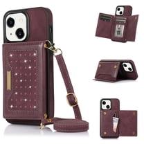 ELEHOLD Stylish Wallet Case for iPhone 14 Plus Flip Card Slots Diamond Bling Sparkle Design RFID Blocking Detachable Shoulder Strap for Girls Women Purse Case 6.7 inch,Winered