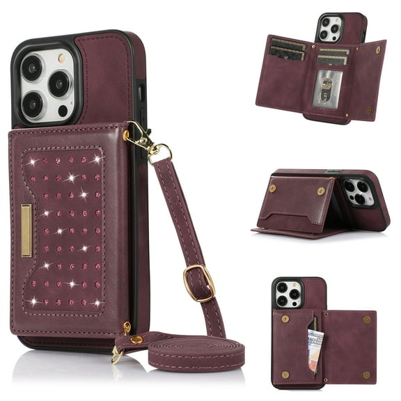 ELEHOLD Stylish Wallet Case for iPhone 14 Pro Flip Card Slots Diamond Bling Sparkle Design RFID Blocking Detachable Shoulder Strap for Girls Women Purse Case 6.1 inch,Winered
