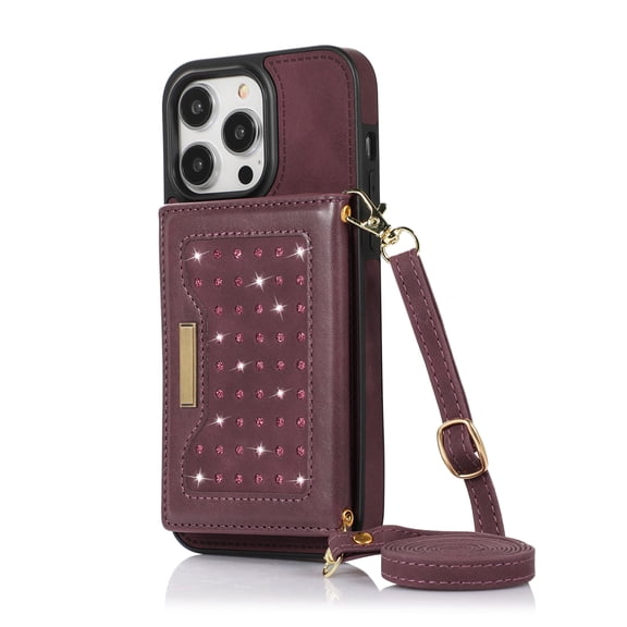 ELEHOLD Stylish Wallet Case for iPhone 14 Pro Max Flip Card Slots Diamond Bling Sparkle Design RFID Function Detachable Shoulder Strap Girls Women Purse Case 6.7 inch,Winered
