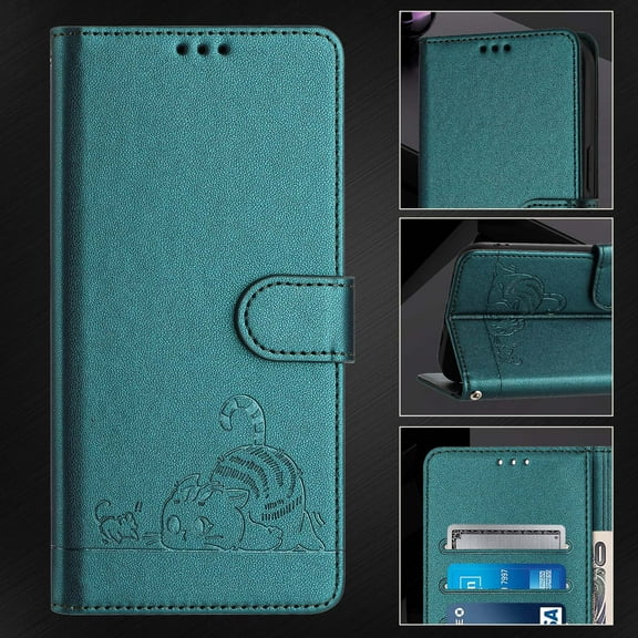 ELEHOLD for T-Mobile Revvl 7 Pro Wallet Case,Embossed Cat PU Leather RFID Blocking Card Slot Kickstand Support Wireless Charging Shockproof Case with Crossbody Strap for T-Mobile Revvl 7 Pro,Darkgreen
