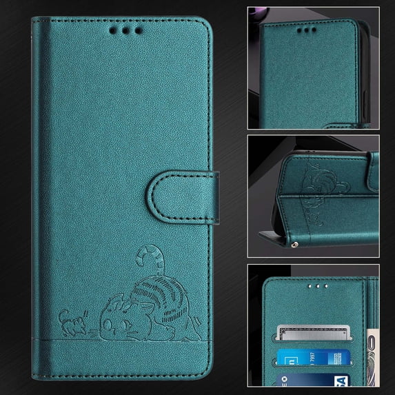 ELEHOLD for T-Mobile Revvl 7 Wallet Case, Embossed Cat PU Leather RFID Blocking Credit Card Slot Kickstand Support Wireless Charging Shockproof Case with Crossbody Strap for T-Mobile Revvl 7,Darkgreen