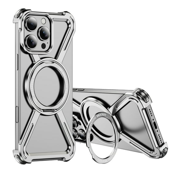 ELEHOLD Titanium Alloy Frame Phone Case For iPhone 13 Pro with 360° Ring Kickstand , Compatible with Mag-Safe Heavy-Duty Shockproof Case Cover for For iPhone 13 Pro,Silver