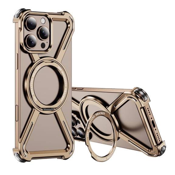 ELEHOLD Titanium Alloy Frame Phone Case For iPhone 16 Pro with 360° Ring Kickstand , Compatible with Mag-Safe Heavy-Duty Shockproof Case Cover for For iPhone 16 Pro,Desertgold