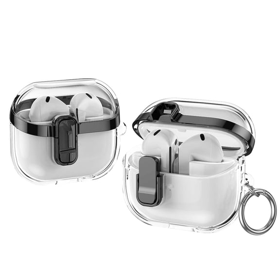 ELEHOLD Transparant Plating Case For Samsung Galaxy Buds 3/3pro Full Body Protection Cover Case  w/ Secure Lock   Anti-Lost Keychain, Support Wireless Charging, Black