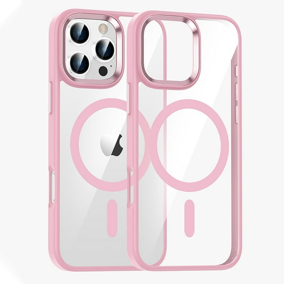 ELEHOLD Transparent Case For iPhone 16 Pro Max Shockproof Magnetic Rugged Cover, MagSafe Compatible, Metal Key, Slim&Lightweight, Darkpink