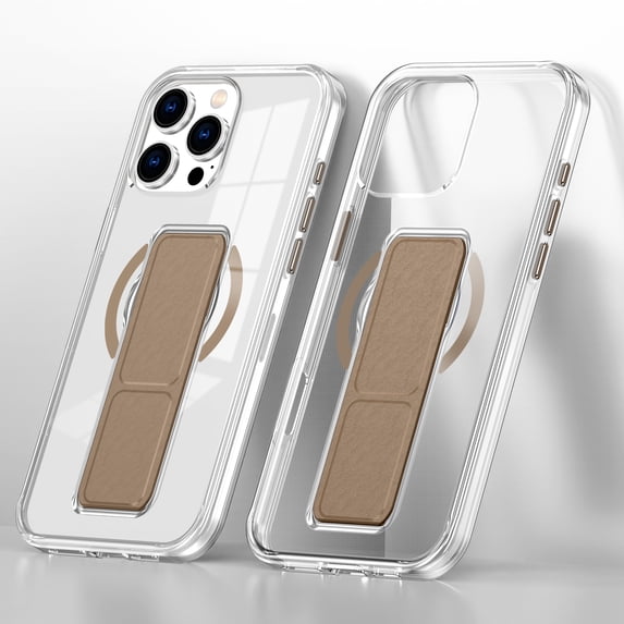ELEHOLD Transparent Phone Case For iPhone 14 Pro Max, Slim Wrist Strap Invisible Kickstand Mag-Safe Magnetic Charging Drop Protection Shockproof Clear Phoen Case ,Brown