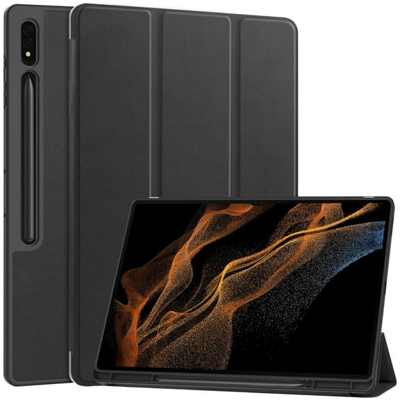 ELEHOLD Tri-Fold Folio Case for Samsung Galaxy Tab S9 Ultra 14.6-Inch 2023 (SM-X910/X916/X918),with Auto Wake/Sleep Kickstand Function Pen Holder Shockproof Protective Leather Cover,Black