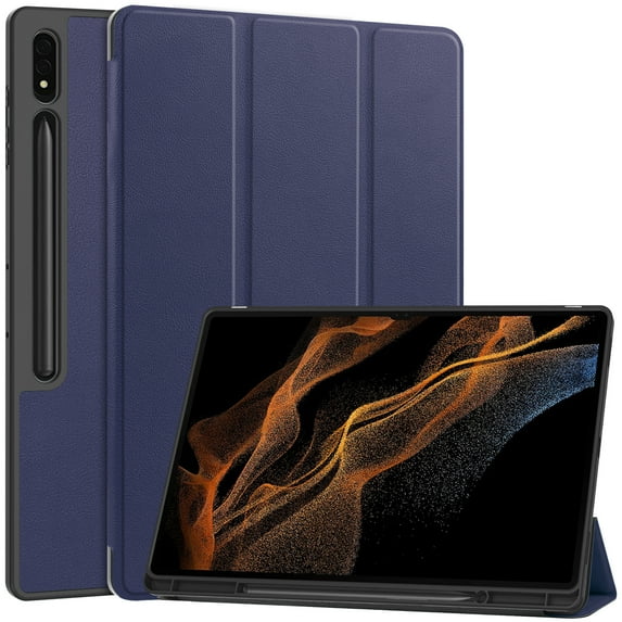 ELEHOLD Tri-Fold Folio Case for Samsung Galaxy Tab S9 Ultra 14.6-Inch 2023 (SM-X910/X916/X918),with Auto Wake/Sleep Kickstand Function Pen Holder Shockproof Protective Leather Cover,Darkblue