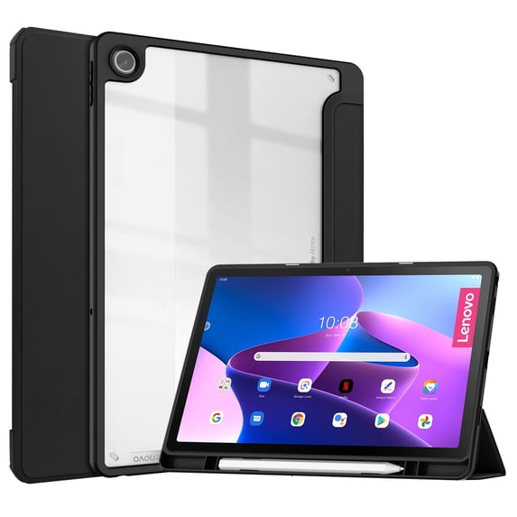 ELEHOLD Trifold Case for Lenovo Tab M10 Plus 10.6" (2022) - Auto Wake Sleep Function Kickstand Built-in S Pen Holder Acrylic Clear Back Shockproof Cover for Lenovo Tab M10 Plus 3rd Gen,Black